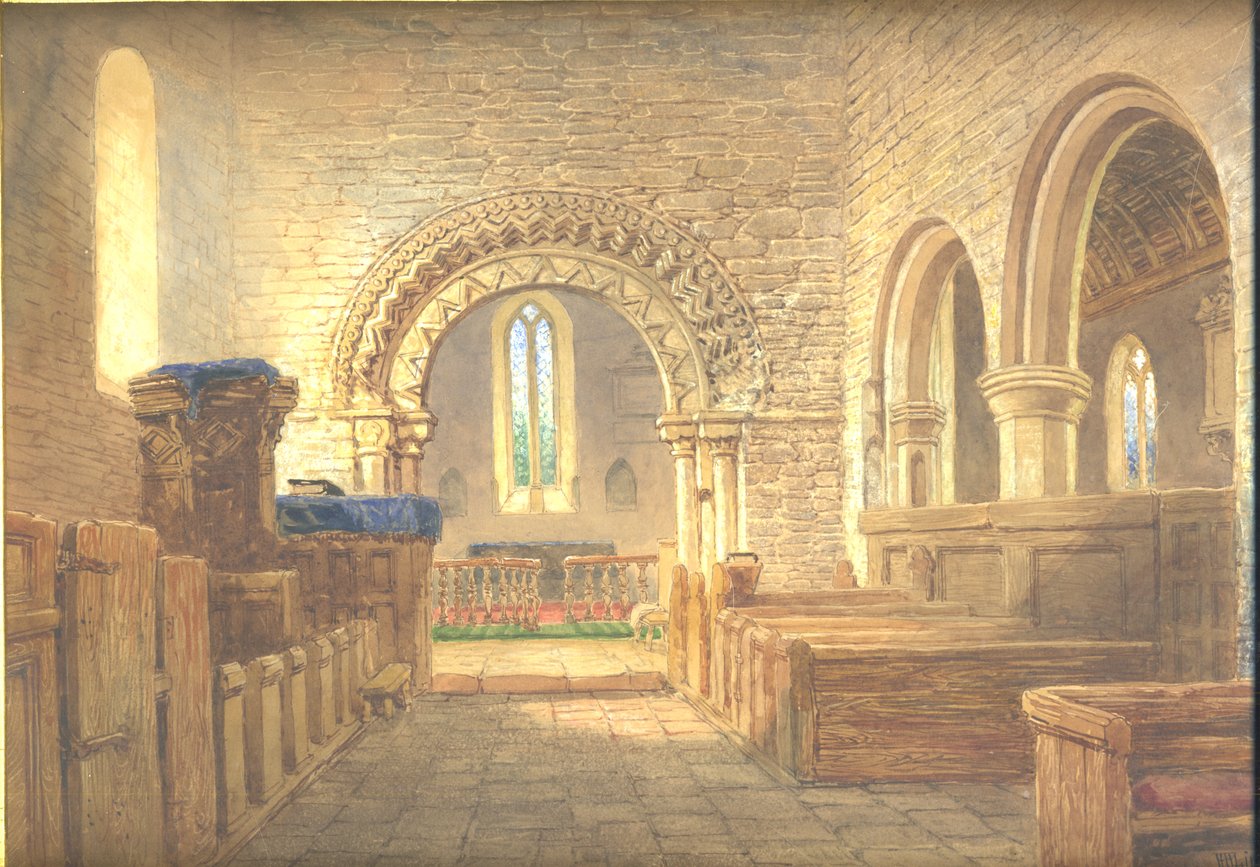 Pyhän Martinin kirkon laivan sisäpuolella, Holt, Worcestershire, katsellen itään kirkkoa. tekijältä Henry Harris Lines
