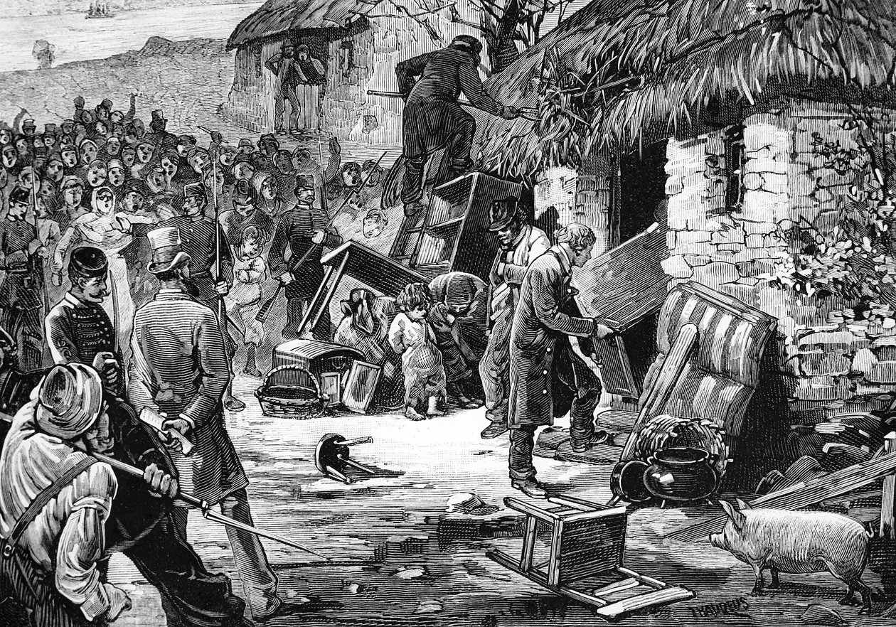 Ongelmia Irlannissa - Maanviljelijän häätö, Le Monde Illustrésta, 1881 tekijältä Henry Jones Thaddeus