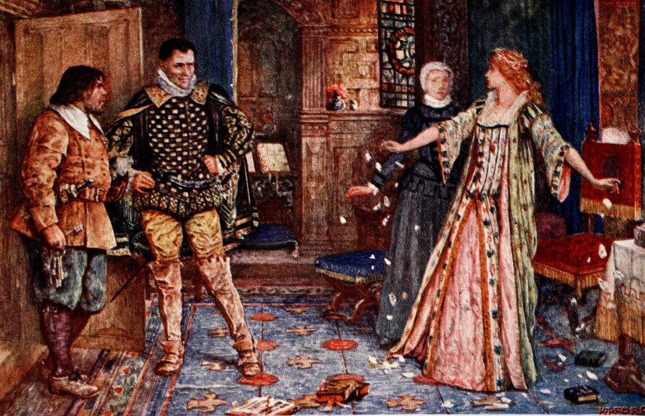 Elizabeth repii Dudleyn kirjeen, piirros Sir Walter Scottin Kenilworthista, julkaistu 1912 tekijältä Henry Justice Ford