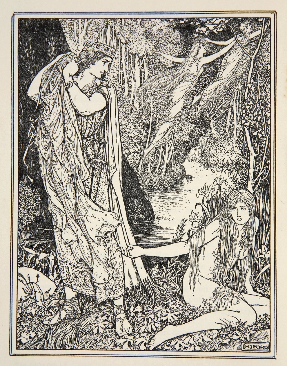 Kuningas Athamas varastaa Nephelen vaatteet, jotta tämä ei voi kellua pois sisarensa kanssa, Andrew Langin kirjasta Tales of the Greek Seas, 1926 (muste paperille) tekijältä Henry Justice Ford