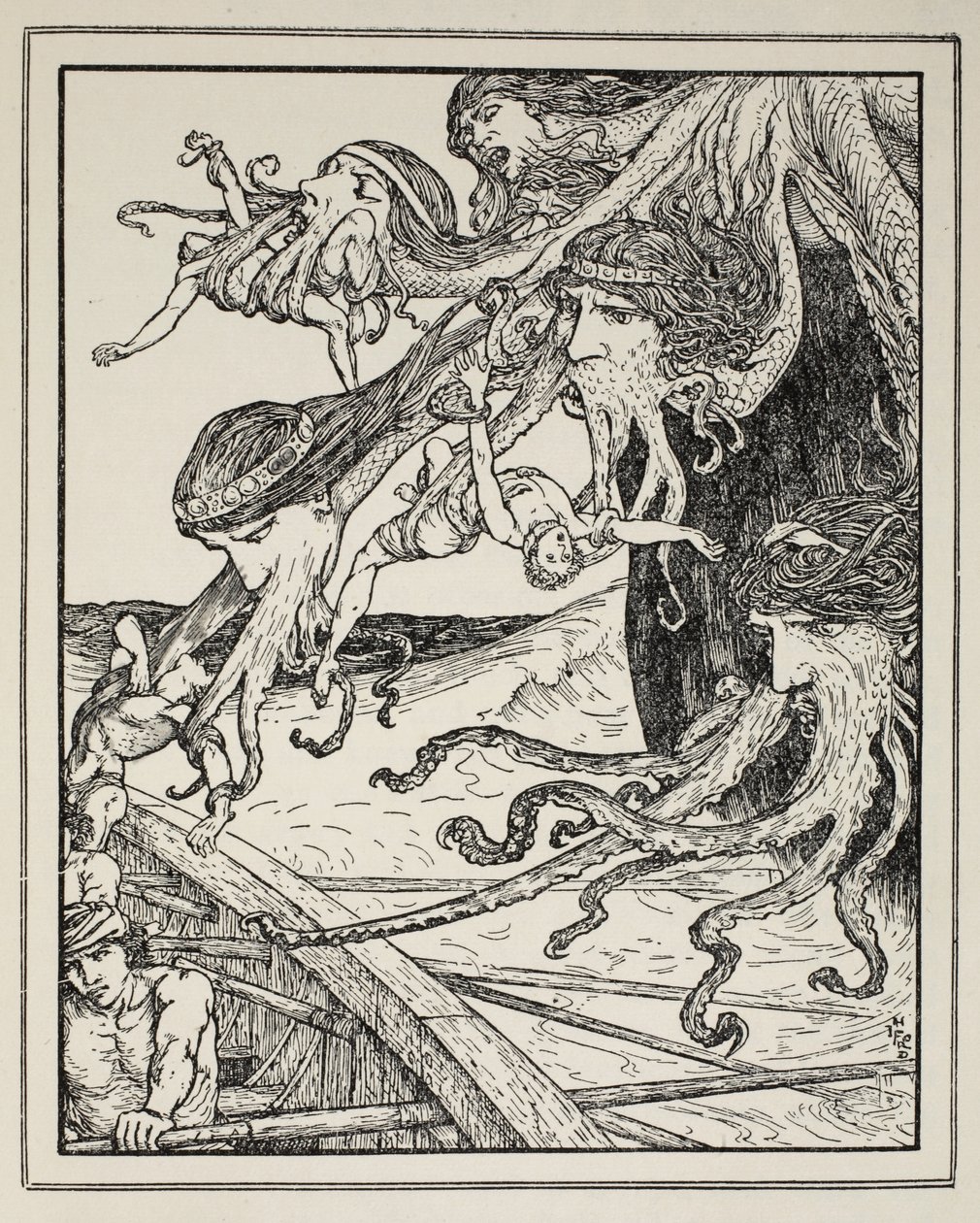 Seikkailu Scyllan kanssa, Andrew Langin kirjasta Tales of the Greek Seas, 1926 (muste paperille) tekijältä Henry Justice Ford