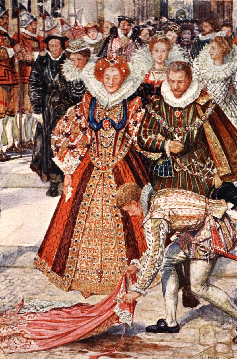 Walter Raleigh heittää viittansa alas kuningatar Elisabetille, piirros Sir Walter Scottin Kenilworthista, julkaistu 1912 tekijältä Henry Justice Ford