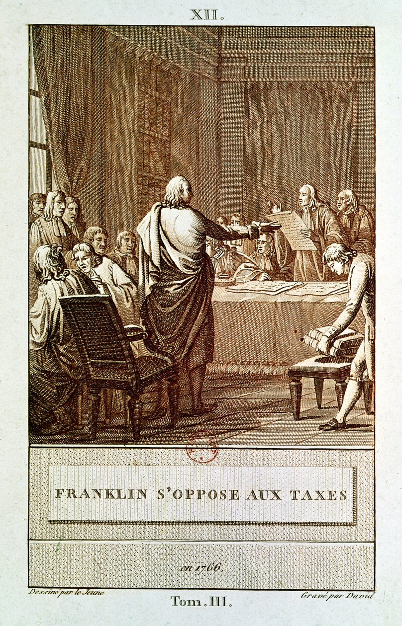Benjamin Franklin esittelee vastustavansa veroja vuonna 1766, kaiverrettu David tekijältä Henry Le Jeune
