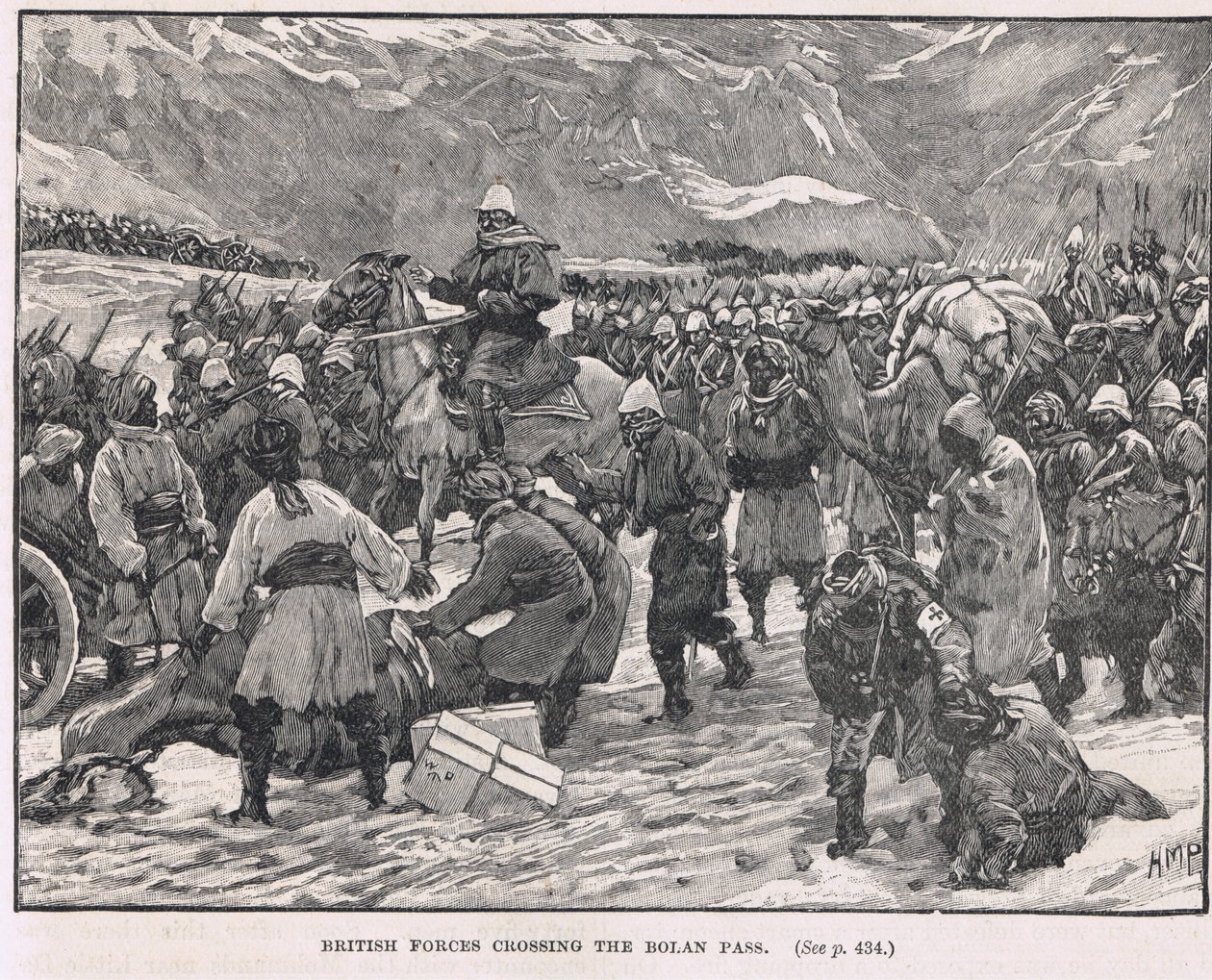 Brittijoukot ylittävät Bolanin solan, esimerkki Cassellin teoksesta "Illustrated History of England", julkaistu n. 1910 tekijältä Henry Marriott Paget