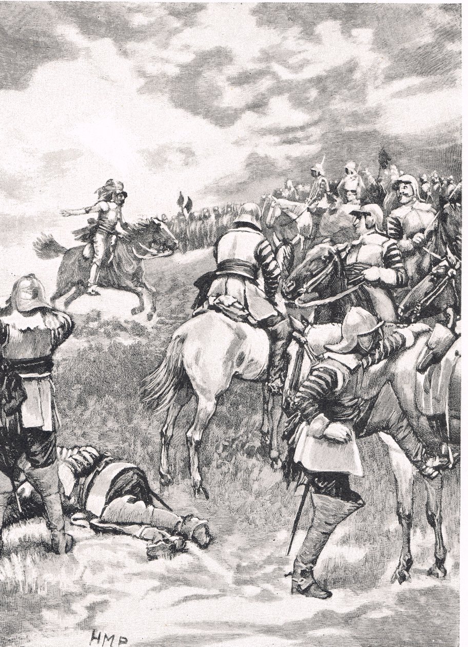 Charles I Nasebyn taistelussa, 14. kesäkuuta 1645, kuvitus julkaisusta "British Battles on Land and Sea", julkaisija Cassell, Lontoo, noin 1910 tekijältä Henry Marriott Paget