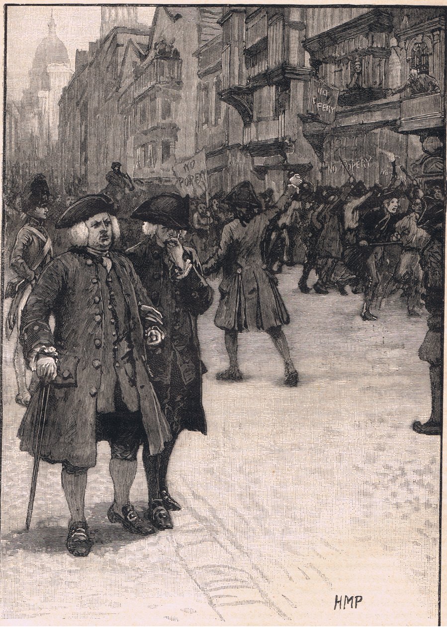 Tohtori Johnson katselemassa kohtausta vuoden 1780 "No Popery Riots" -tapahtumasta tekijältä Henry Marriott Paget