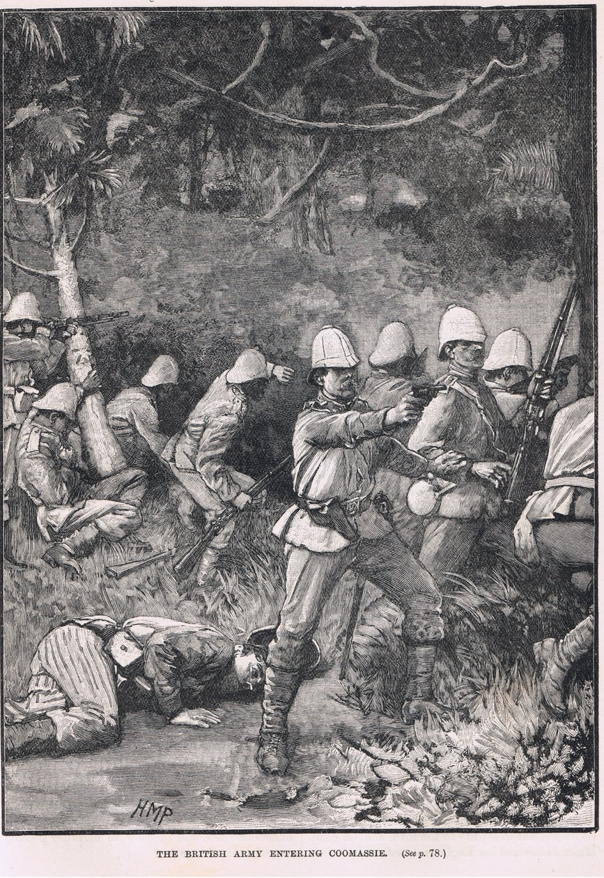 Brittiarmeija astumassa Comassieen, kuvitus Cassellin Englannin kuvitetusta historiasta, julkaistu n. 1910 tekijältä Henry Marriott Paget