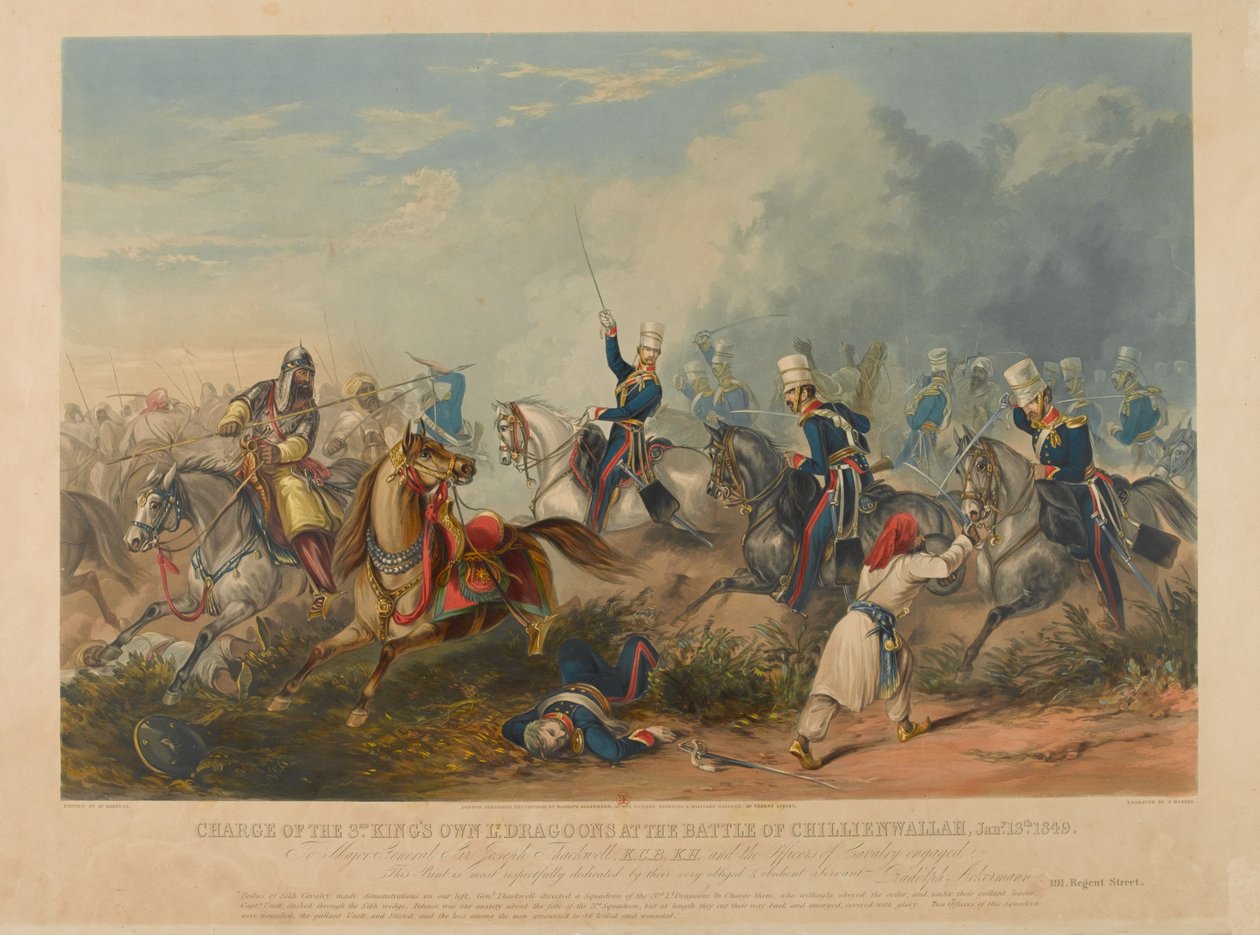 Kolmannen kuninkaan omien valodraguonien panos Chillianwalan taistelussa 13. tammikuuta 1849, kaiverrus J. Harris, 1849 (värinen akvatinta) tekijältä Henry Martens