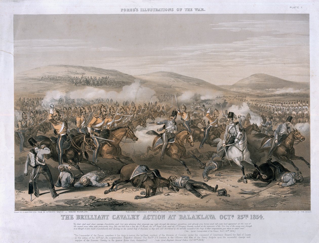 The Brilliant Cavalry Action Balaclavan taistelussa, 25. lokakuuta 1854, kaiverrus Edmund Walker, julkaistu 1854 (sävytetty litho) tekijältä Henry Martens