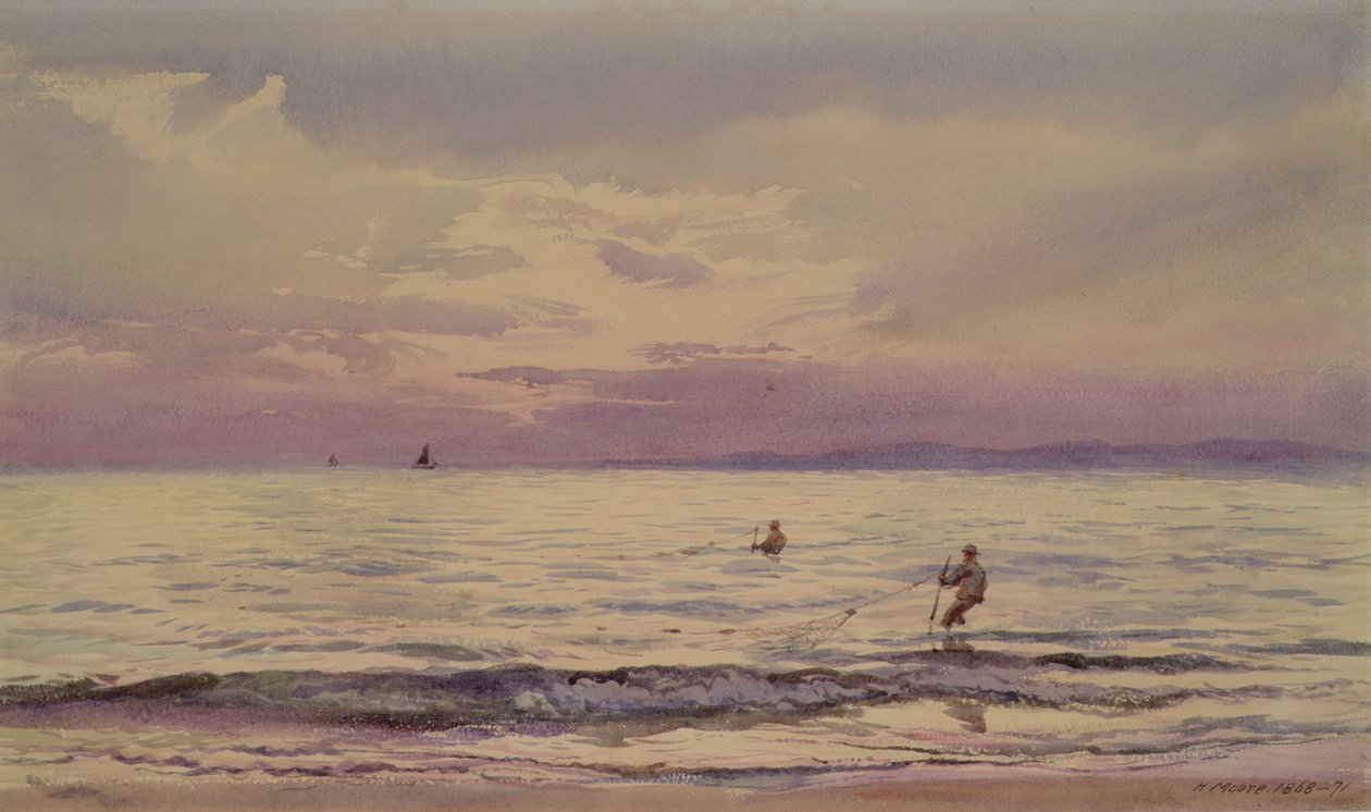 Kalastajat työskentelevät auringonlaskun aikaan, 1868-71 tekijältä Henry Moore