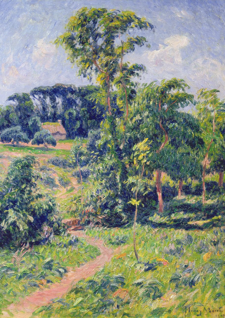 Maisema, jossa puita ja mökille johtava polku tekijältä Henry Moret