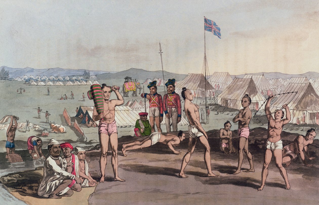 Ukhara, josta on näkymä British Residents Campiin, "A Mahratta Camp" -leiristä, 5. huhtikuuta 1813 (värikaiverrus) tekijältä Henry Moses