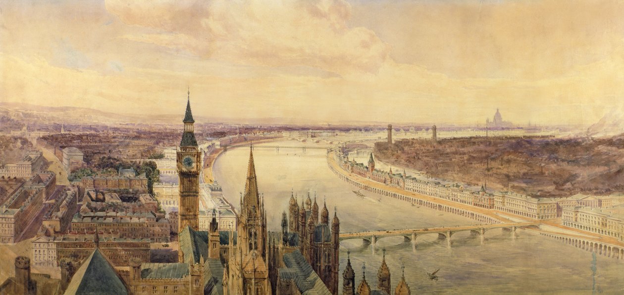 Arkkitehtoninen panoraama ehdotetusta suunnitelmasta Thamesin etelärannalle, n. 1861 (wc) tekijältä Henry Newton