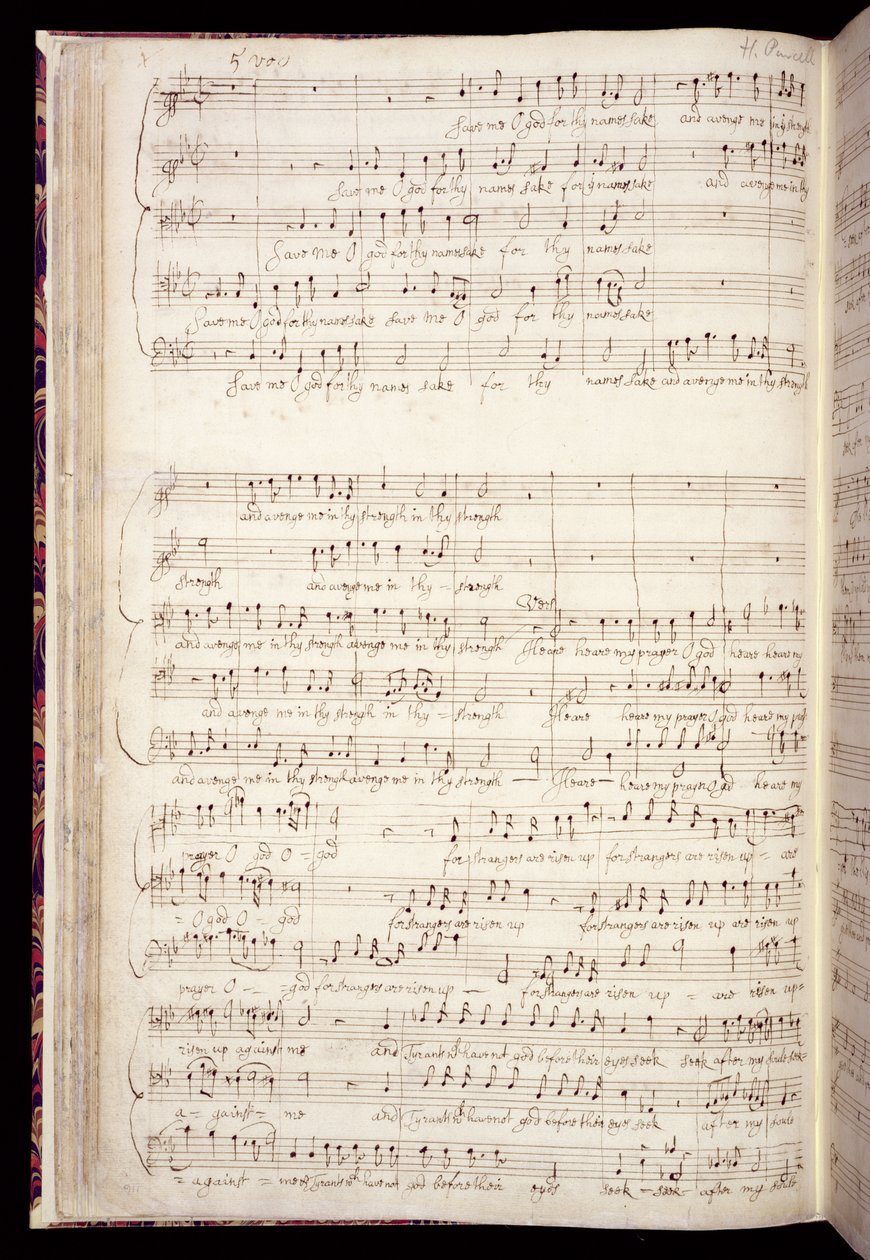 Mu Ms 88, f.27v: "Save me O God", englannin hymnien antologiasta säveltäjän omassa kädessä, n. 1670-80 (muste paperille) tekijältä Henry Purcell