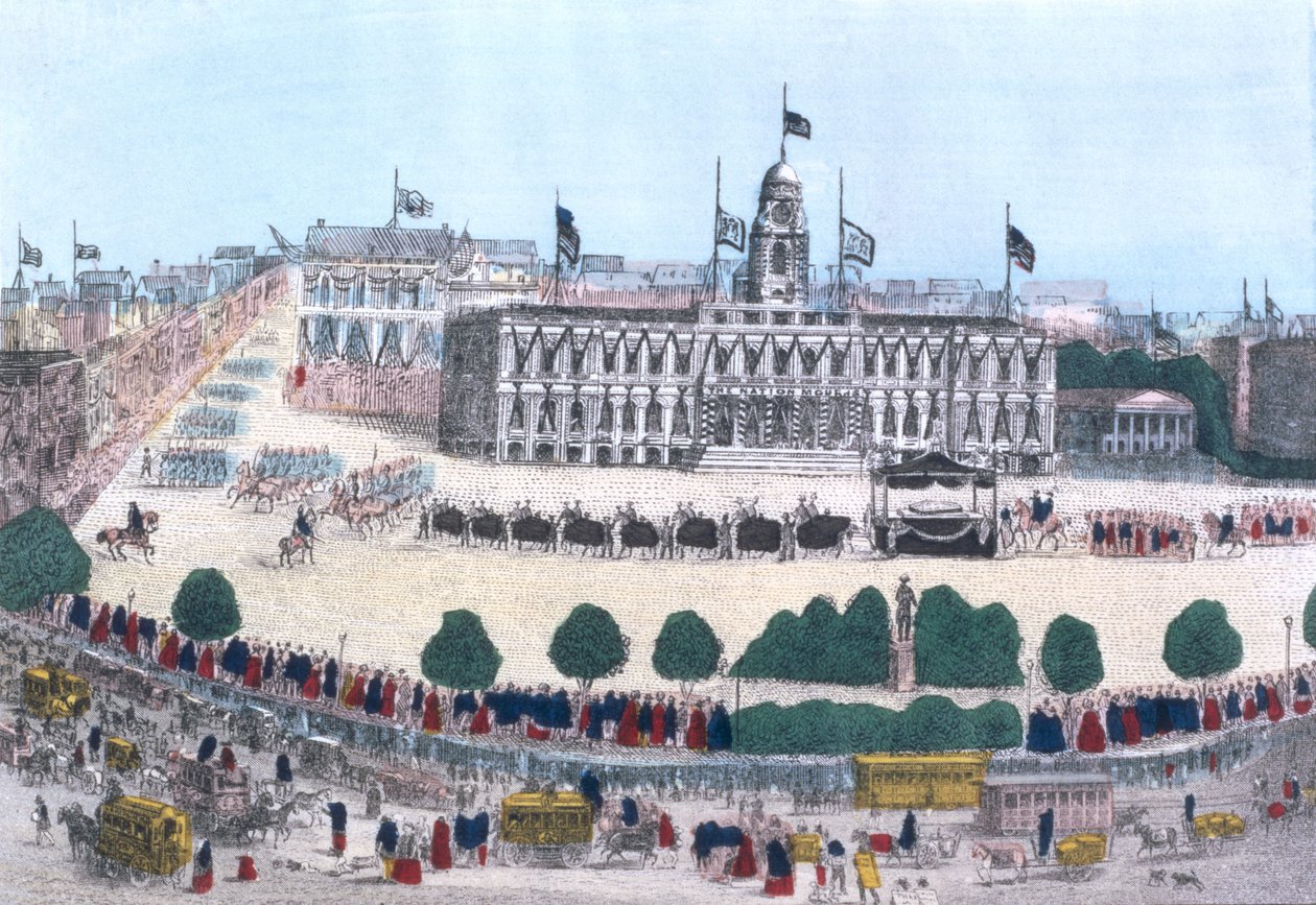 Hautajaiskulkue presidentti Abraham Lincolnin muistoksi, pubi. Charles Magnus, 1865 tekijältä Henry R. Robinson