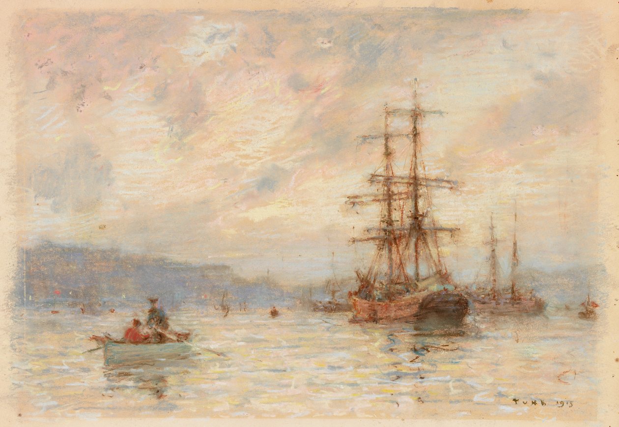 Auringonlasku (pastelli paperille) tekijältä Henry Scott Tuke