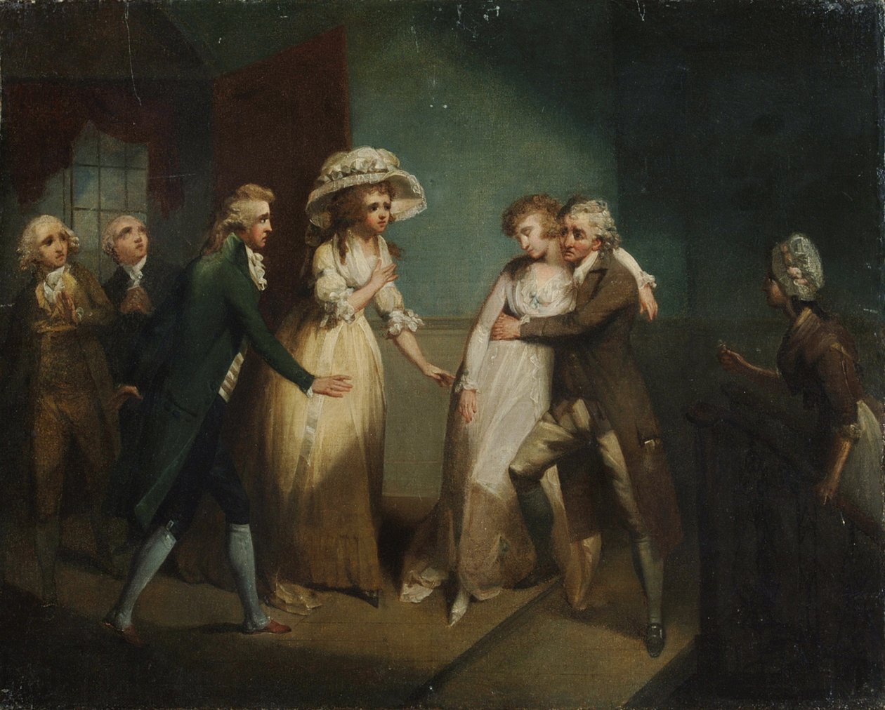 Camilla pyörtymässä isänsä käsivarsissa, kuvitus kohtauksesta Camillasta eli Nuoruuden kuvasta, julkaistu vuonna 1796 tekijältä Henry Singleton