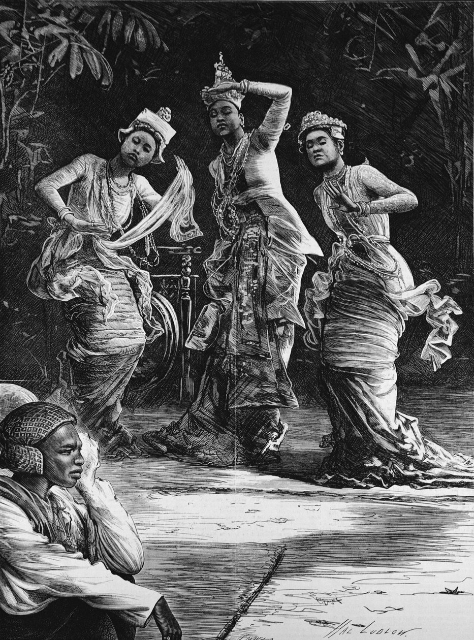 Burman balettitytöt esiintyessään ennen Intian varakuningasta Rangoonissa, "The Illustrated London News", 18. helmikuuta 1882 tekijältä Henry Stephen Ludlow