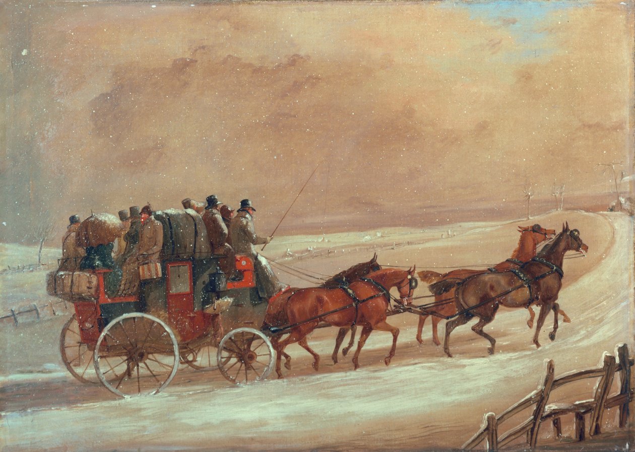 Manchester - Lontoon valmentaja talvella, noin 1800-luvun alussa tekijältä Henry Thomas Alken