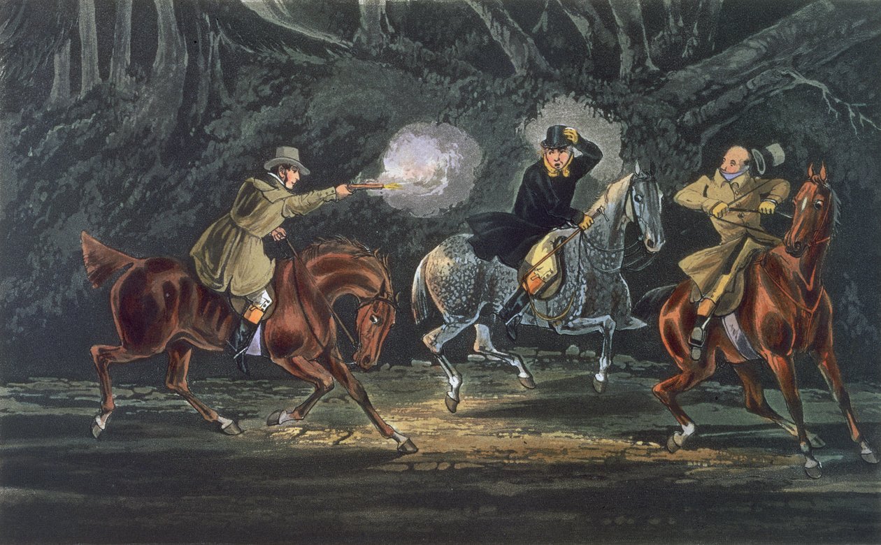 Stand and Deliver, akvatintti E. Duncan, pub. 1851, julkaissut R. Ackermann (akvatintta). tekijältä Henry Thomas Alken