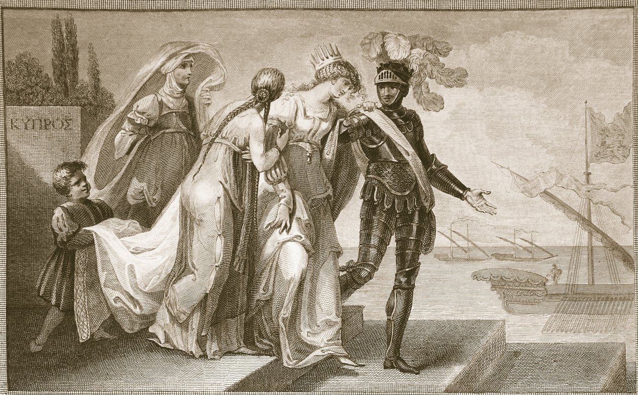 Richard I poistumassa Kyprokselta, kaiverrettu J. Fittler, kuvitus David Humen Englannin historiasta, pub. R. Bowyer, Lontoo, 1812 tekijältä Henry Tresham