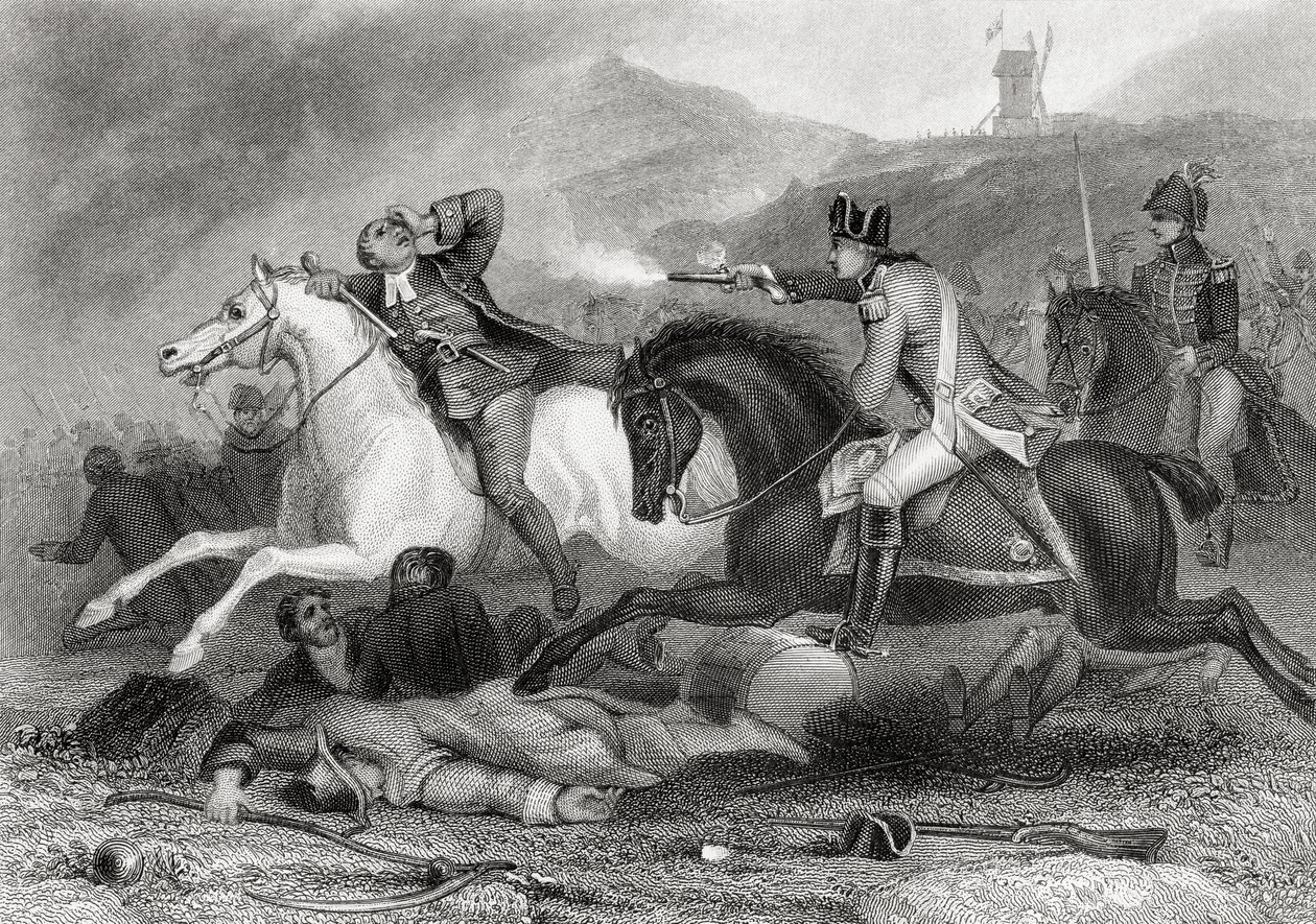 Kapinallisjohtaja Father Clinch ammutaan Vinegar Hillin taistelussa Enniscorthyssa, Wexfordin kreivikunnassa, Irlannissa vuonna 1798, Thomas Wrightin kirjoittamasta "Irlannin historiasta", julkaistu noin vuonna 1854. tekijältä Henry Warren