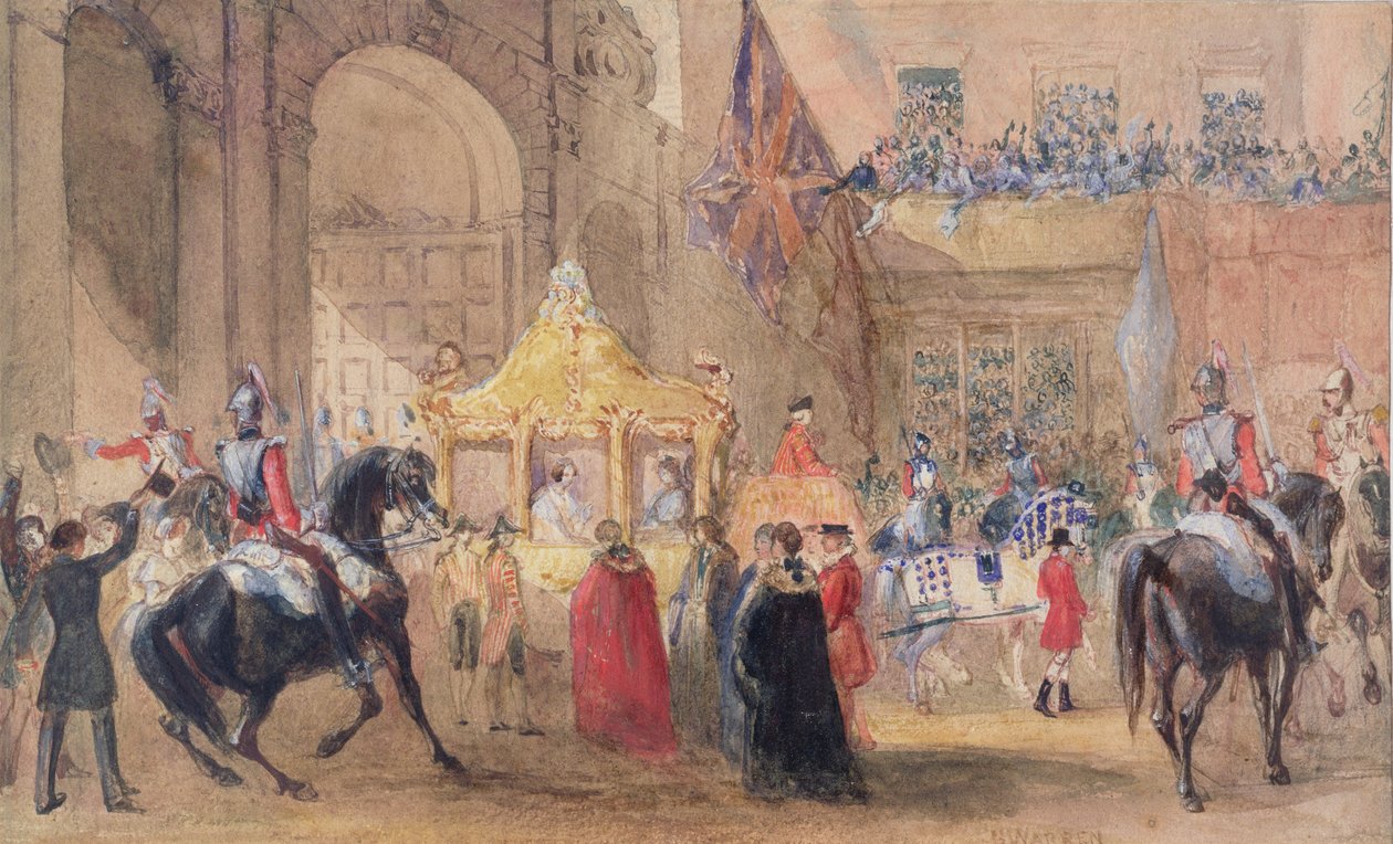 Lordi pormestari valmiina tervehtimään kuningatar Victoriaa (1819-1901) Temple Barissa vuonna 1837 tekijältä Henry Warren