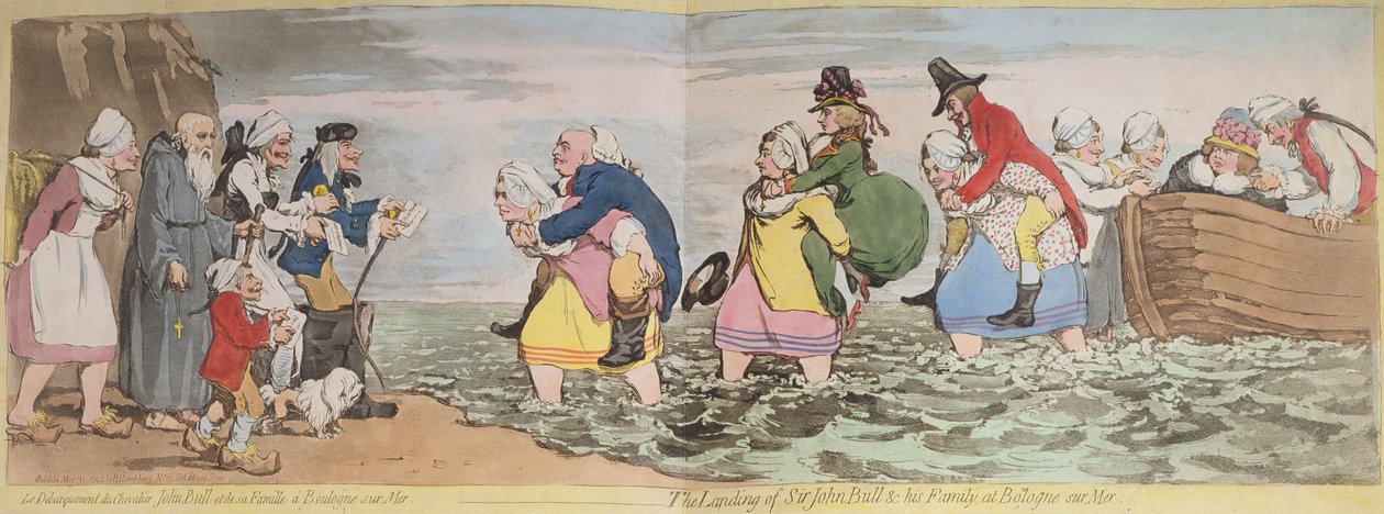 Le Debarquement du Chevalier John Bull ja hänen perheensä Boulogne sur Merissä tai Sir John Bullin ja hänen perheensä maihinnousu Bologne sur Merissä, kaiverrettu James Gillray (1756-1815), julkaisija Hannah H tekijältä Henry William Bunbury