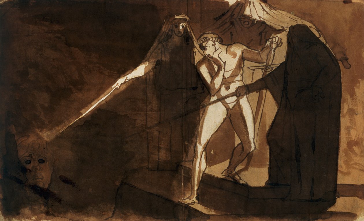 Macbeth ja kolme noitaa näyttämässä hänelle aseistettua päätä (akvarelli) tekijältä Johann Heinrich Füssli