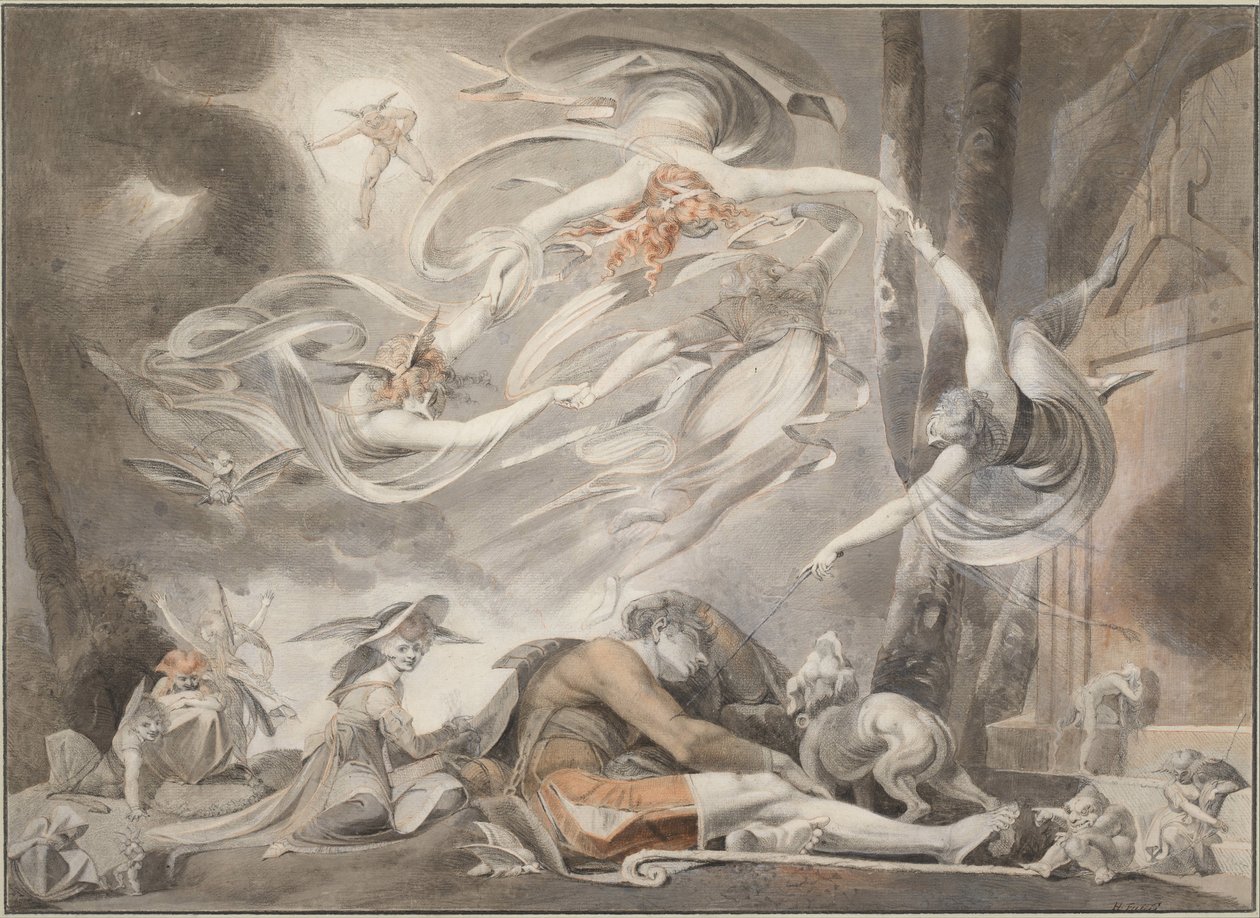 Paimenen unelma, n. 1786 (lyijykynä, punainen liitu ja harmaa pesuaine) tekijältä Johann Heinrich Füssli