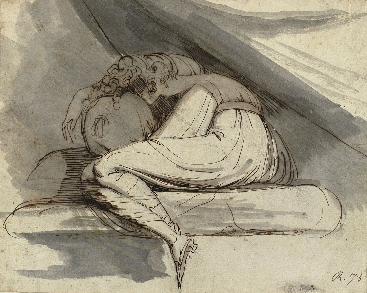 Nainen istuva, käpristynyt, vuoden 1778 jälkeen (lyijykynä, kynä, ruskea muste ja harmaa pesuaine) tekijältä Henry  Fuseli