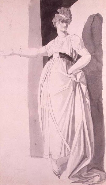 Nuori nainen hienostuneella kankaalla seisoo oikea käsi ojennettuna (kynä & pesu) tekijältä Johann Heinrich Füssli