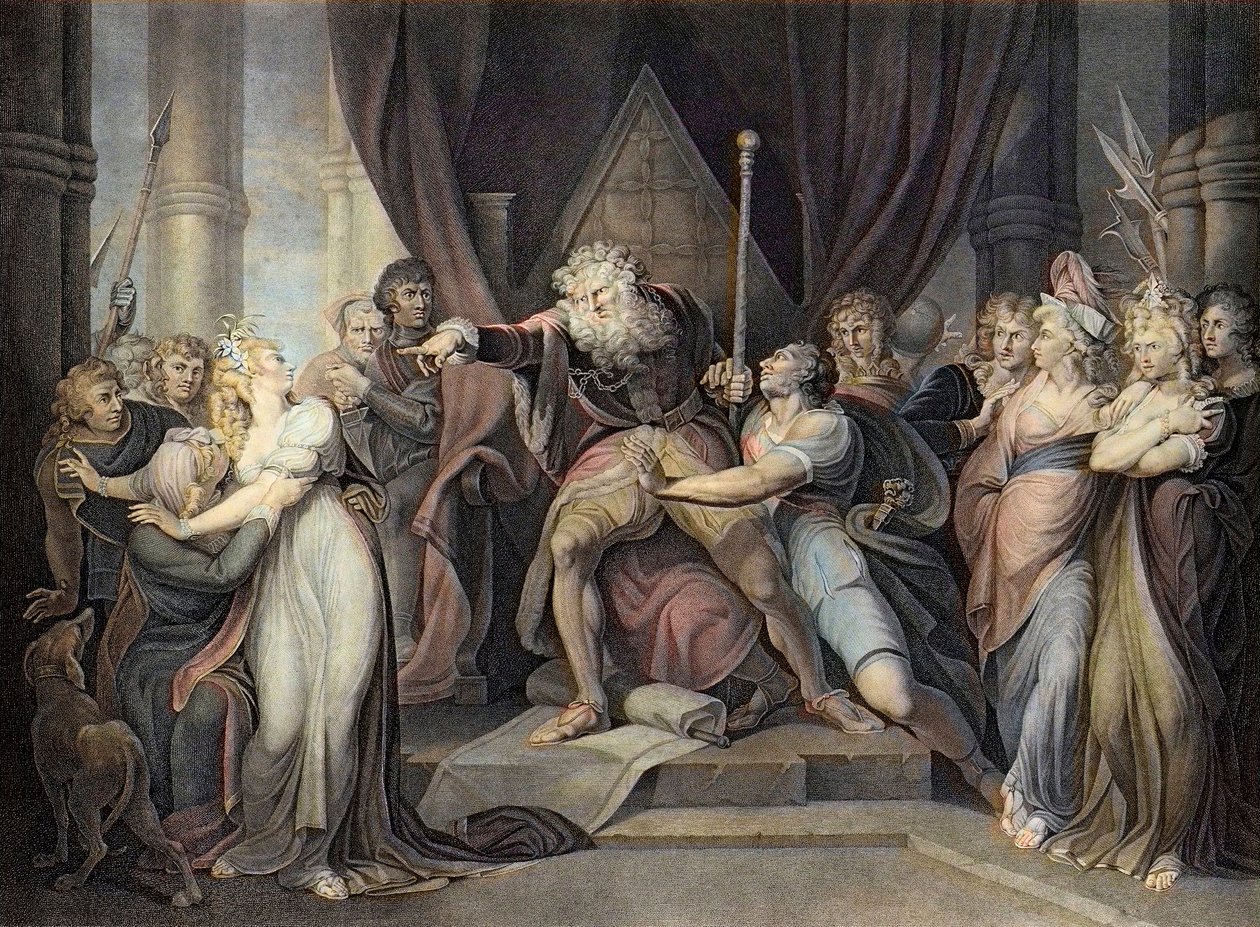 Shakespeare - Kuningas Lear - Kuningas Lear - I näytös I kohtaus - Kuningas Lear heittää ulos tyttärensä Cordelian - kaiverrus Henry Fuselin mukaan tekijältä Henry  Fuseli