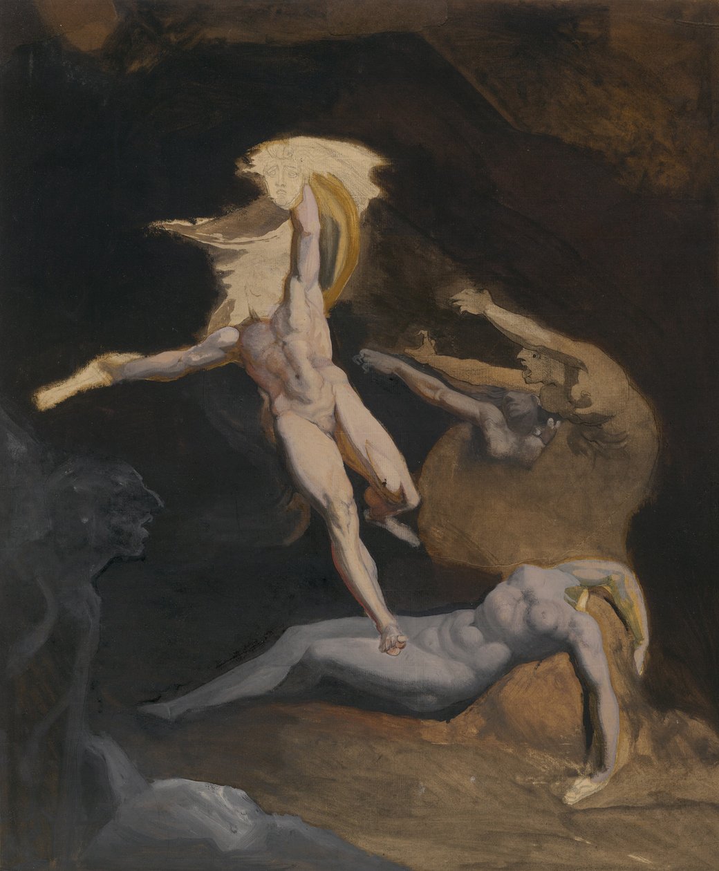 Perseus Slaying the Medusa (öljy- ja öljypesuaine, grafiitin päällä kynällä ja mustalla musteella, ruskeanruskealle paperille, asetettu luonnonvalkoiselle japanilaiselle paperille) tekijältä Henry (1741 1825) (attr.to) Fuseli