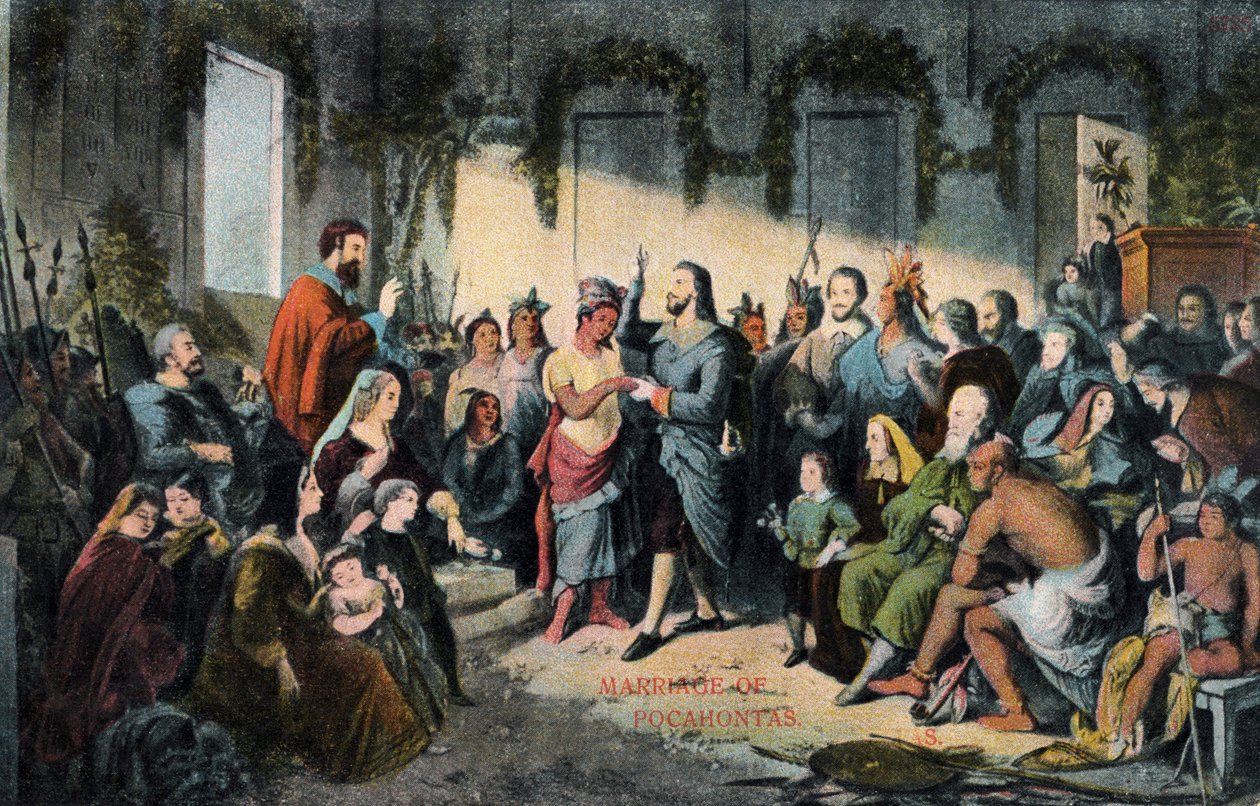 Pocahontasin ja John Rolfen avioliitto Jamestownissa vuonna 1614. tekijältä Henry (after) Brueckner
