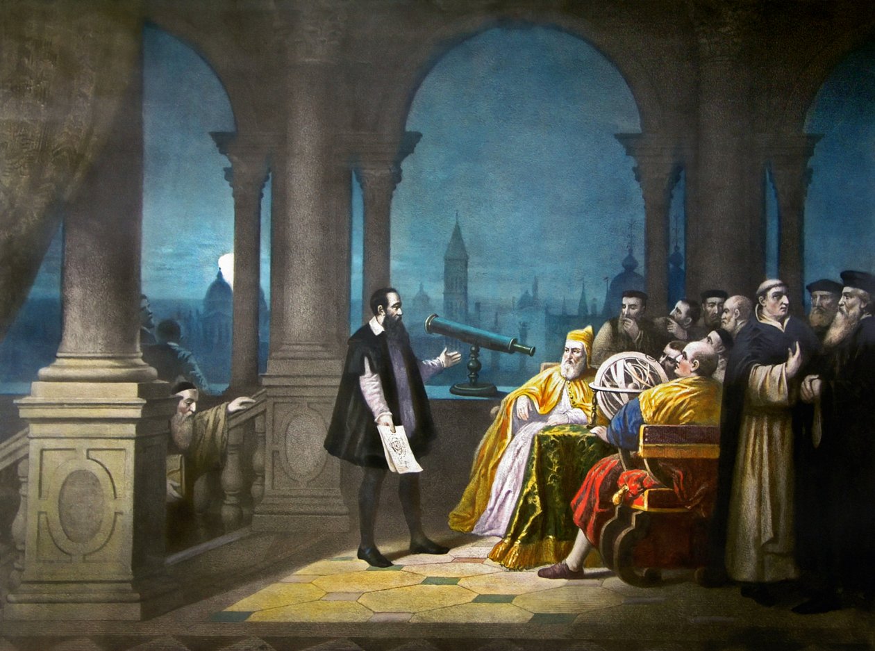 Galileo Galilei esittelee kaukoputkensa Leonardo Donatolle, Venetsian dogille ja senaatille vuonna 1609, noin 1900 (litografia). tekijältä Henry (after) Detouche