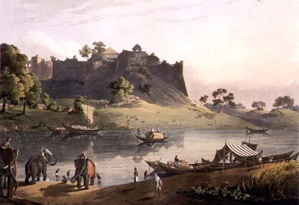 Linnoituksen rauniot Juanporessa Goomtee-joella, levy V, kaiverrus Daniel Havell (1785-1826) 1809 (kaiverrus) tekijältä Henry (after) Salt