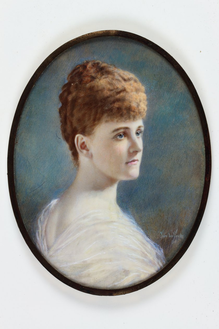 Nainen valkoisessa mekossa, luultavasti Frances Evelyn (Daisy) Greville, s. Maynard, Lady Brooke, myöhemmin Warwickin kreivitär tekijältä Henry (attr.to) Van der Weyde