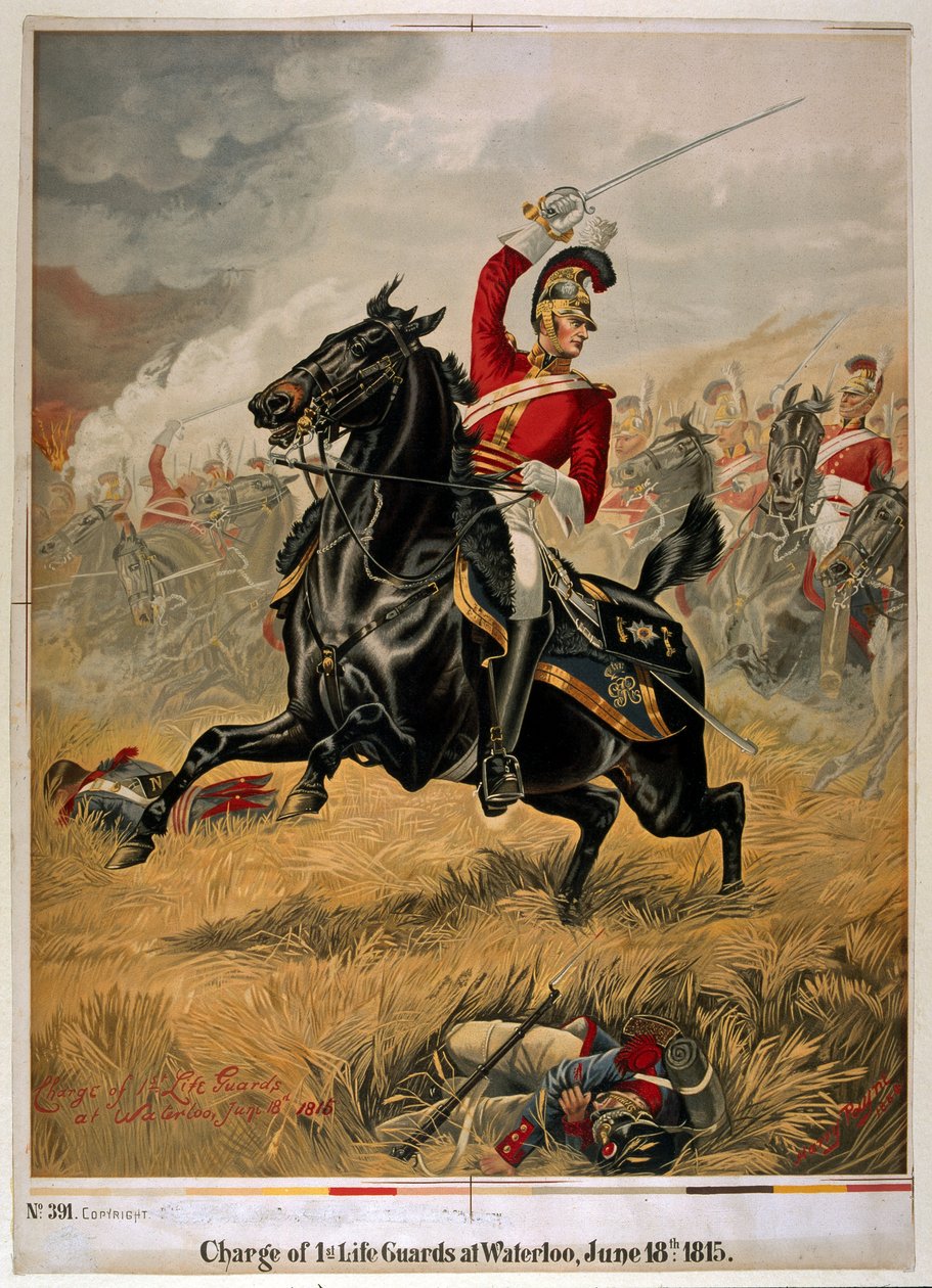 The Charge of the 1st Life Guards at Waterloo, julkaistu noin 1890 (chromolitho) tekijältä Henry A. Payne