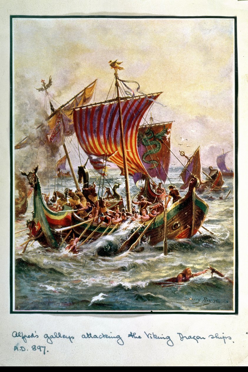 Alfredin keittiöt hyökkäämässä Viking Dragon -aluksia vastaan, 897 jKr, kuvitus teoksesta "Hutchison