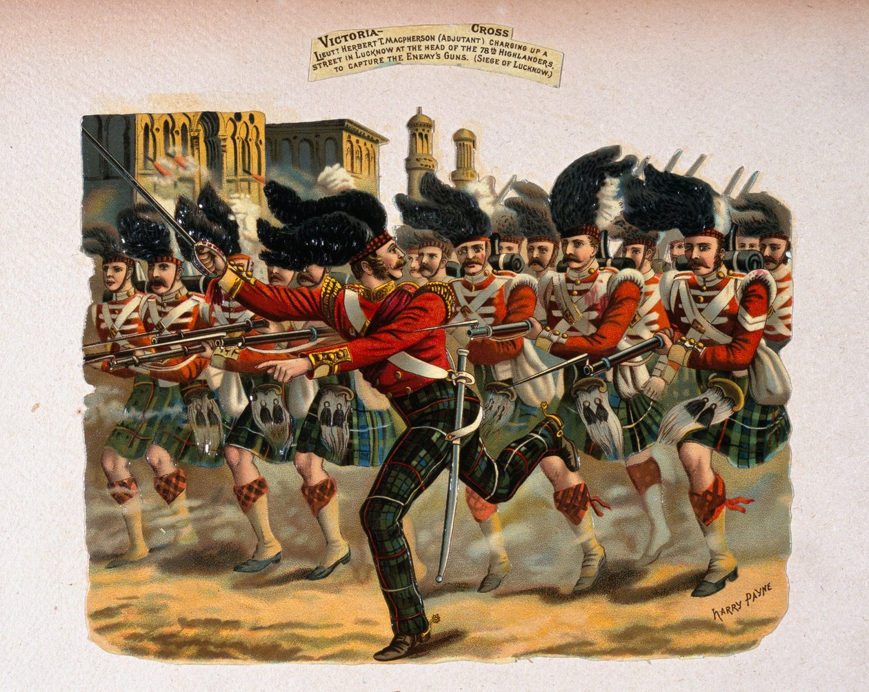 Luutnantti Herbert T. Macpherson nostaa katua Lucknowissa 78. Highlandersin kärjessä sarjasta "Victoria Cross Gallery, 1854-84", joka julkaistiin vuonna 1890 tekijältä Henry A. Payne