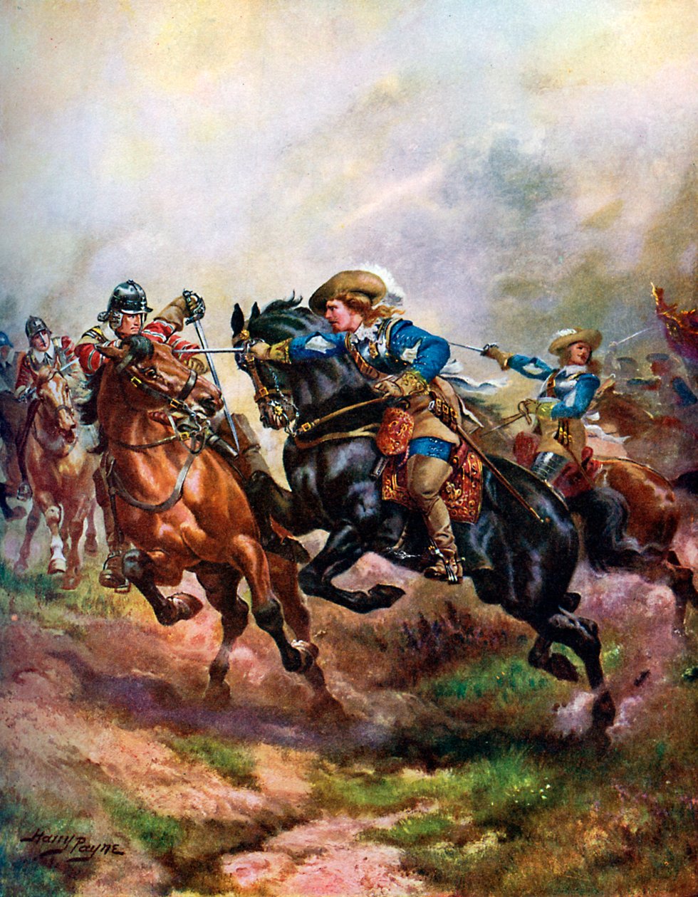 "Prinssi Rupertin ratsuväen hyökkäys Edgehillissä vuonna 1642", n. 1920 tekijältä Henry A Payne