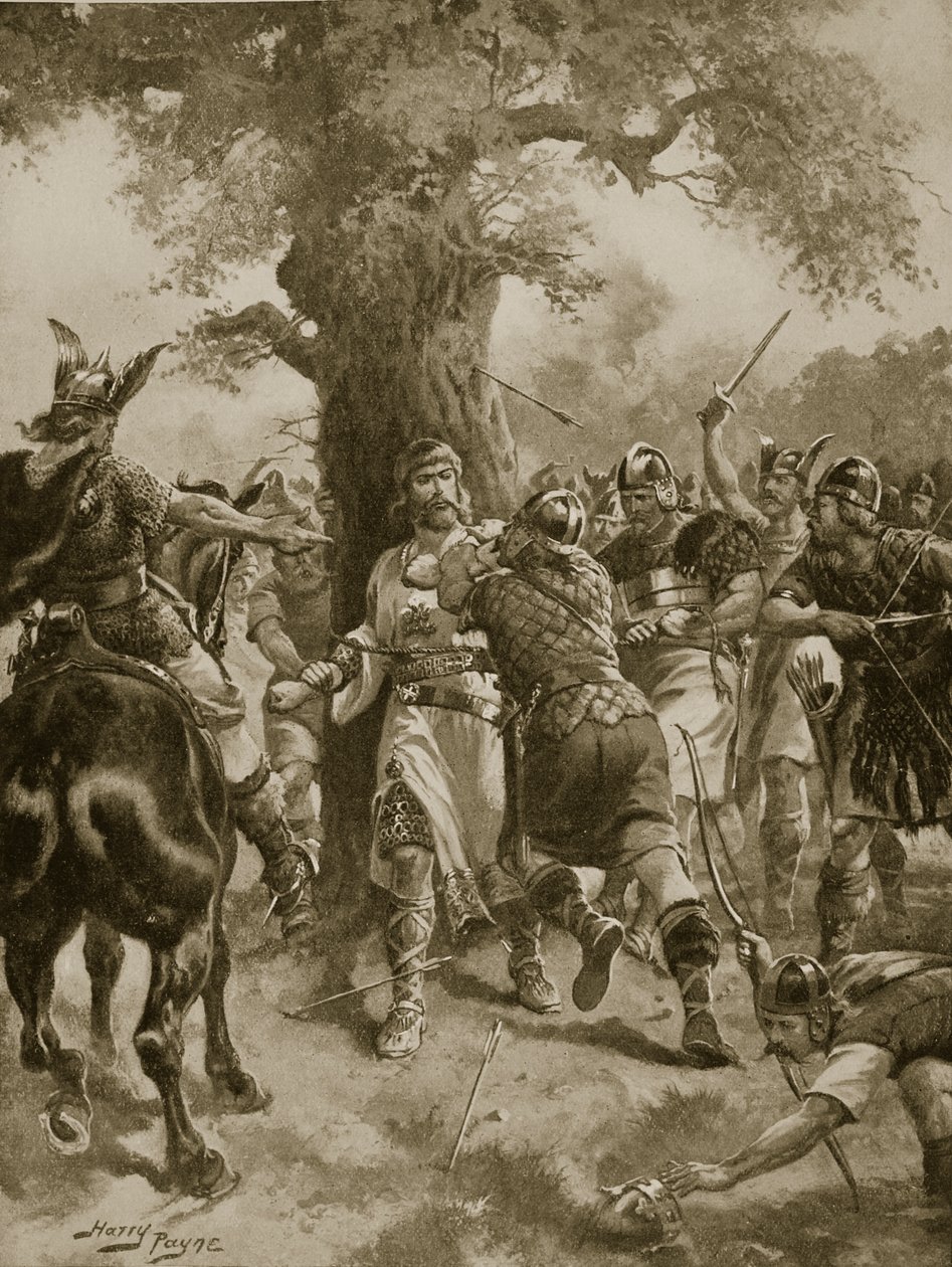 Tanskalaisten surmaama St. Edmund, 870 jKr, kuvitus "Hutchinsonin tarinasta brittiläisestä kansasta", n. 1920 tekijältä Henry A. Payne