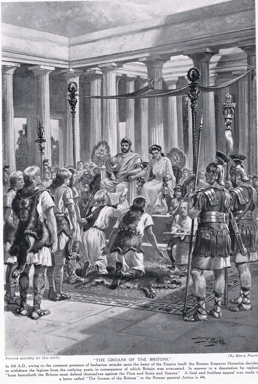 The Groans of the Britons, kuvitus "Hutchinsonin kansakuntien historiasta", n. 1910 tekijältä Henry A. Payne