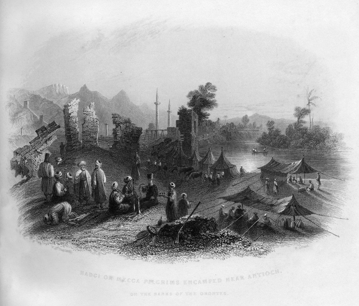 Hadgi Mekan pyhiinvaeltajat leiriytyivät Antiokian lähellä, Orontesin rannoilla Turkissa, 1841. tekijältä Henry Adlard