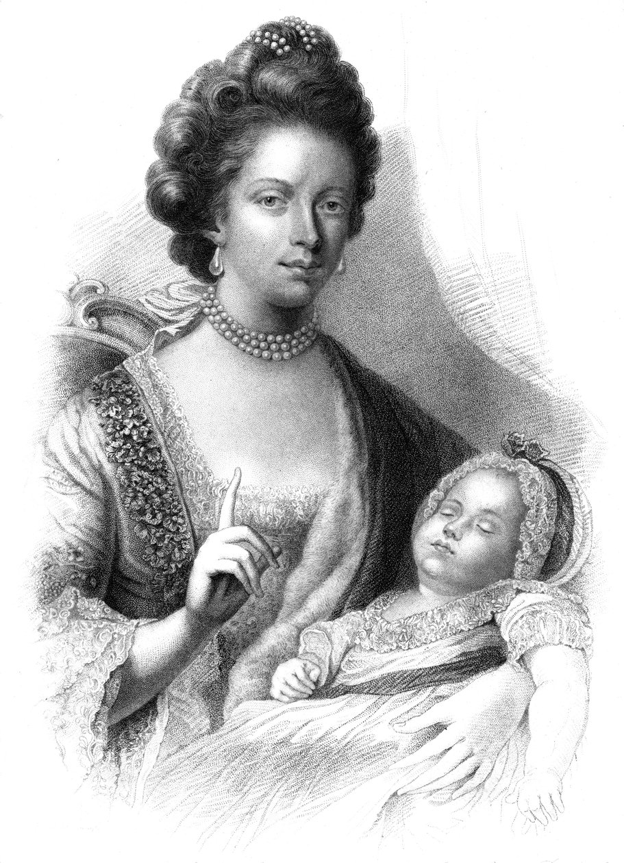 Kuningatar Charlotte 1744-1818 tulevan kuningas George IV:n kanssa 1762-1830, 1800-luku. tekijältä Henry Adlard