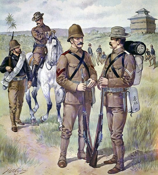 Yhdysvaltain armeijan univormut 1898-1900: Khaki-kenttämekko palveluksessa oleville miehille (väri litho) tekijältä Henry Alexander (after) Ogden