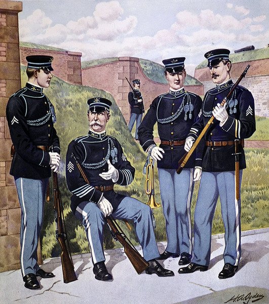 Yhdysvaltain jalkaväen kokopuku 1902-07 aseistettu yhdysvaltalaisen lippaan kiväärimallilla 1903 (väri litho) tekijältä Henry Alexander (after) Ogden