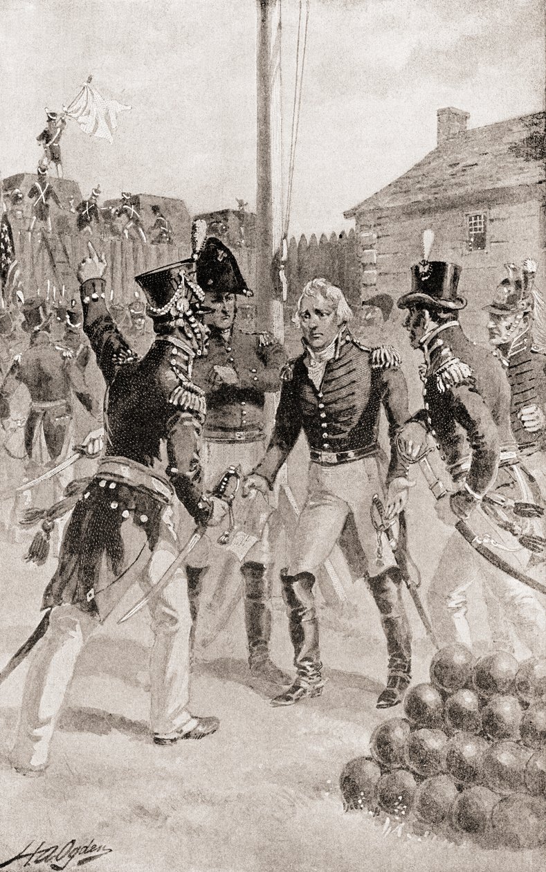 Prikaatikenraali William Hull luovuttaa Detroitin linnoituksen ja kaupungin Michiganissa Amerikassa Detroitin piirityksen aikana, kirjasta The History of Our Country, julkaistu 1905 tekijältä Henry Alexander Ogden