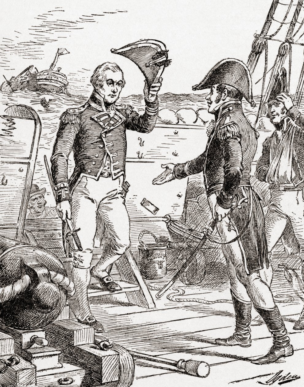 Kapteeni Dacres HMS Guerrieresta antautuu ja tarjoaa miekkansa kapteeni Hullille USS Constitutionin laivalla hänen tappionsa vuoden 1812 sodan aikana, kirjasta The History of Our Country, julkaistu 19. tekijältä Henry Alexander Ogden